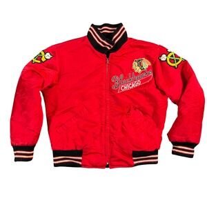 Vintage Chicago Blackhawks Satin Bomber Jacket Men's Large Red NHL Hockey 1950s